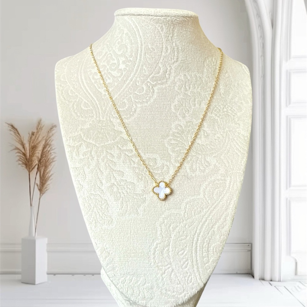 Gold Mother of Pearl Clover Necklace Double Sided